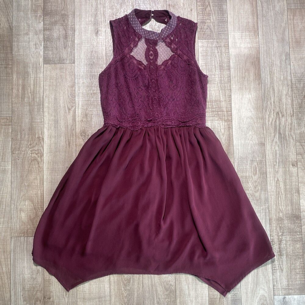 XHILARATION  Size Small Merlot High Neck Lace Overlay Chiffon Dress